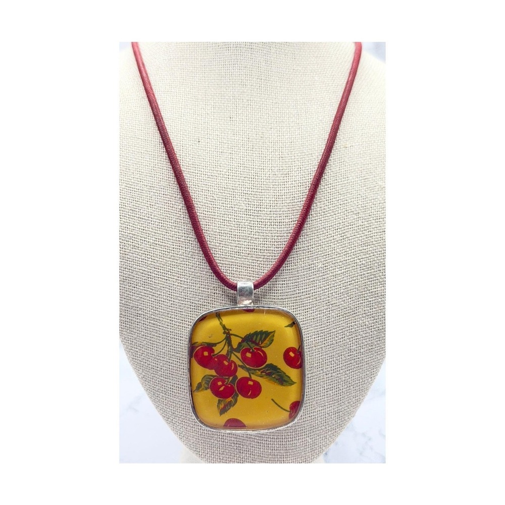 Tommy Hilfiger Cherry Pendant Necklace Red Leather Cord Silver Clasp 16-18"